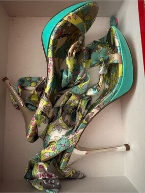Guess by Marciano Teal Floral Lace-Up High Heel Sandals